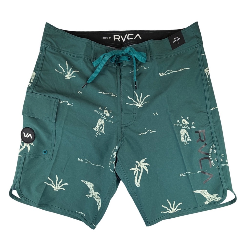 RVCA Mens Board Shorts Size 31 Green Hula Girl Palm Tree‎ Tropical Swim Trunks